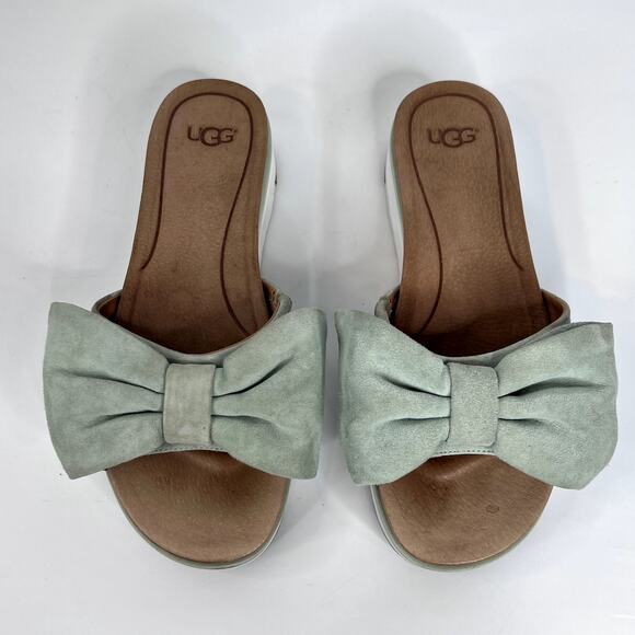 Ugg Joan Platform Slide Sandal Size 7 Aqua Blue Suede Bow Open Toe Comfort - Picture 2 of 10